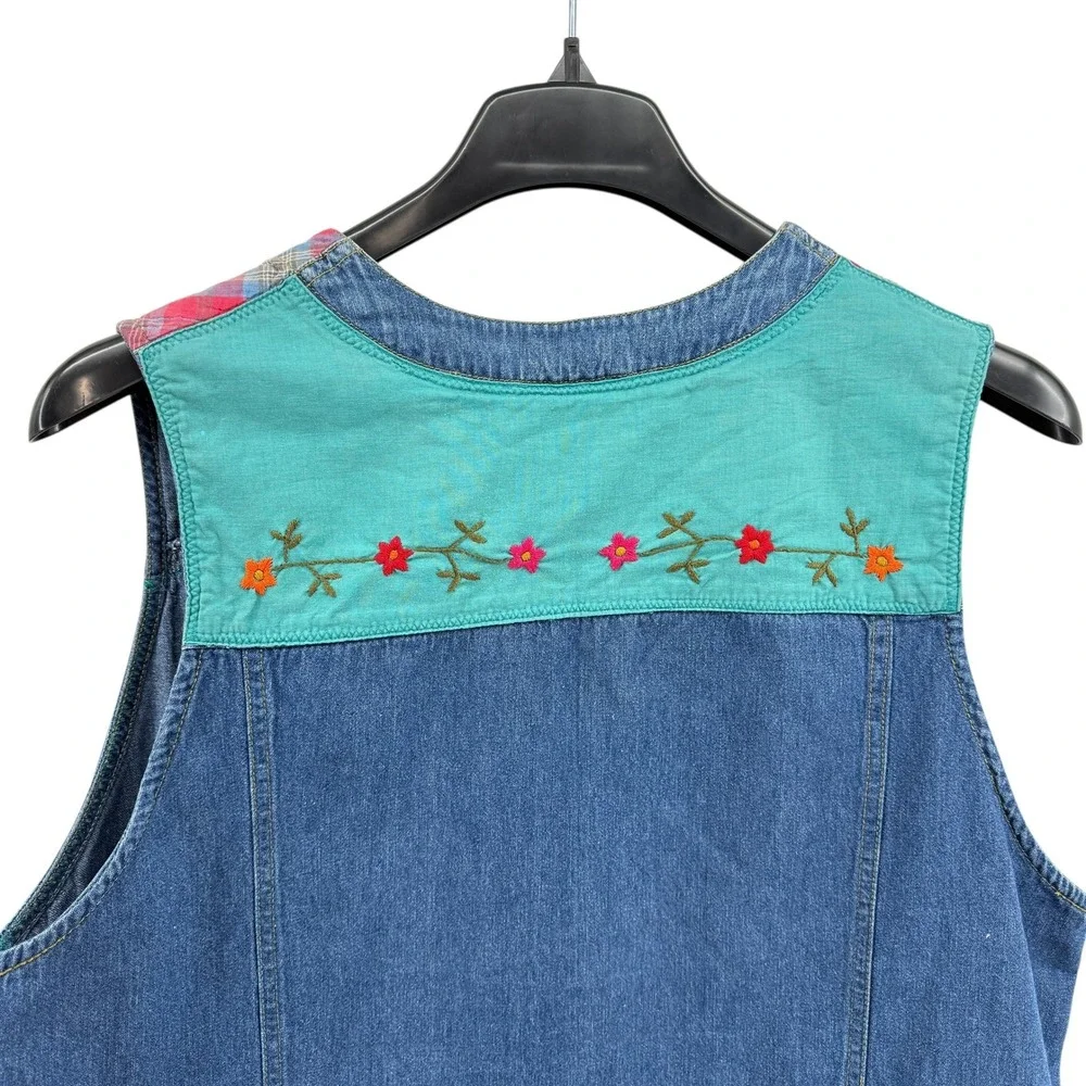 Vtg. Y2K Carole Little Floral Embroidered Denim Vest Western‎ Plaid Womens 14W